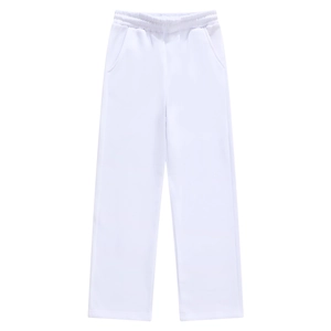 Men's minimalist white straight-leg casual pants with elastic waist flat lay display