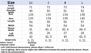 Detailed size chart for women's poplin shirt showing measurements from XS to L