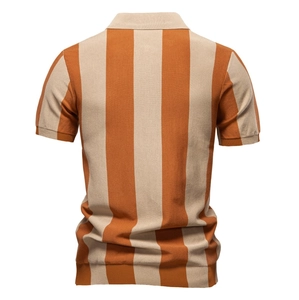 Macro shot of knitted texture on men's orange and cream white striped short sleeve POLO shirt