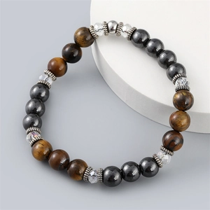 Men Beaded Bracelet Tiger Eye Stone Hematite And Glass Beads Silver Alloy Spacers Elastic Stretch Healing Jewelry