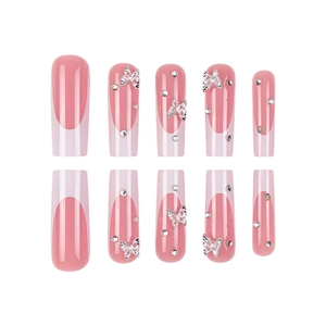 French style long coffin press-on nails in nude pink with alloy butterfly and rhinestones
