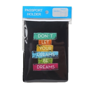 Creative black passport holder featuring colorful blocks and inspirational typography