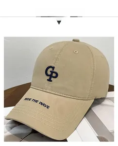 Détails de broderie des lettres GP et Ride The Wave sur une casquette en coton kaki clair