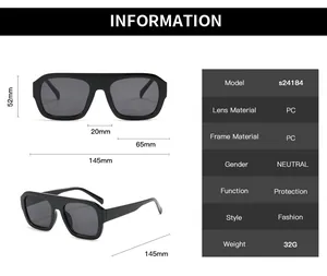 Detailed size chart for square frame PC sunglasses showing dimensions and technical specs