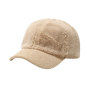 Beige lamb wool baseball cap with corduroy brim for winter outdoor warmth and style