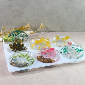 Detail of 6-cavity silicone mold with hemispherical resin crafts containing dried flowers