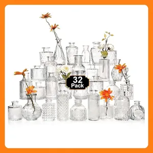 Glass Bud Vases Transparent Embossed Relief Textured Flower Bottles For Wedding Centerpiece Home Dining Table Decor Vintage