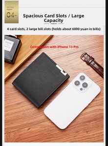 Detail of slim black bi-fold leather wallet with 4 card slots and 2 bill compartments