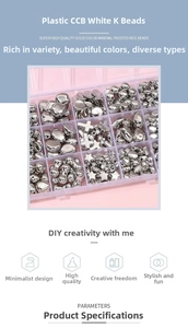 Detailed view of silver CCB plastic beads set in various geometric shapes with storage box