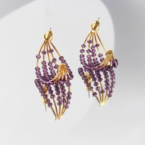 Handmade purple crystal beaded C-shaped hoop earrings with gold plating for summer outfits