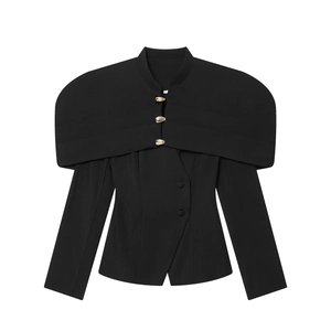 Slim fit black blazer with unique shoulder cape design and gold statement metal buttons
