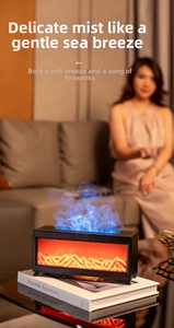 Close-up of fireplace flame humidifier mist on books with blue fire light effect