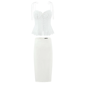 Women White Eyelet Embroidery Camisole Top And Midi Pencil Skirt Top And Bottom Elegant Lace Pleated Slim Fit Outfits
