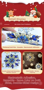 Detail of blue and gold snowflake glass stickers with premium double-sided cold foil