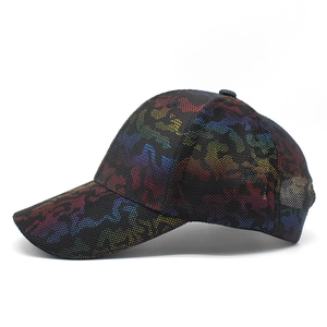 Close-up of breathable mesh baseball cap with colorful gradient camouflage print detail