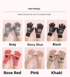 Detailed grid of six colorful touch screen knit gloves with reindeer and geometric patterns