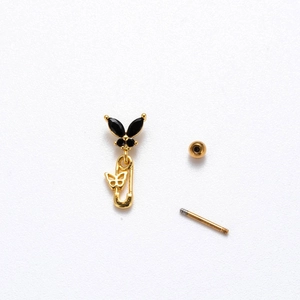 Golden stainless steel butterfly earring studs with black zircon and safety pin design