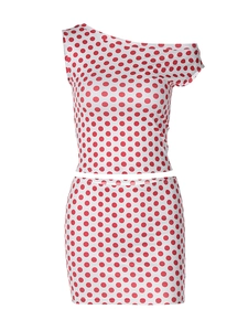 Ensemble d'été deux pièces pour femmes avec pois rouges, haut asymétrique et mini-jupe courte