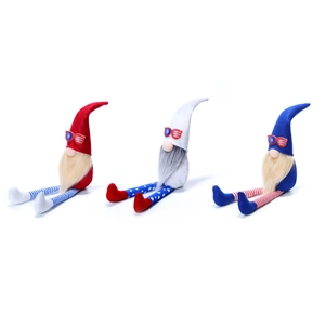 Detail of patriotic gnome plush set with American flag stars and stripes on legs and hats