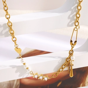 18K gold plated stainless steel necklace with heart, pearl, and cross charms