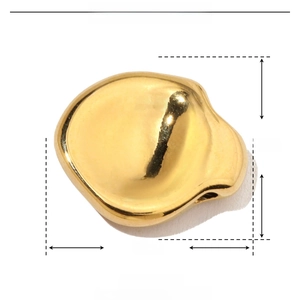 Macro shot showing dimensions 18mm by 15mm and technical specs of the gold steel charm