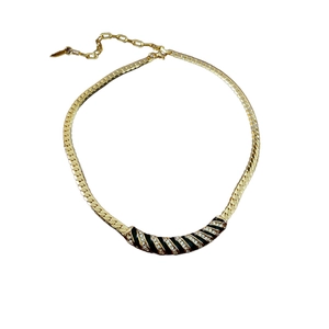 Collier ras du cou géométrique doré avec émail noir et strass brillants pour femme