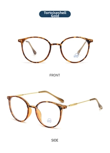 Detail view of round blue-light-blocking glasses in tortoiseshell frame and metal legs