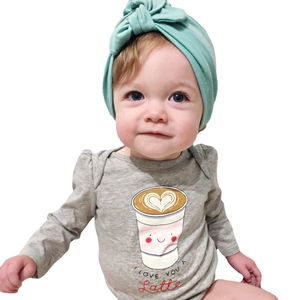 Grey baby romper with I Love You A Latte print and matching mint green bow headband