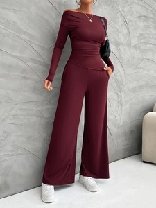 Deep red long sleeve top and wide leg pants set made of soft fabric for casual wear