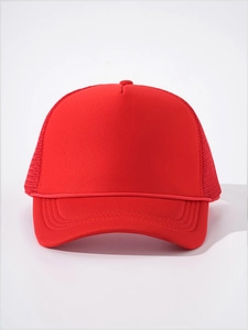 Detailed front view of a solid red mesh trucker hat with foam front and curved brim
