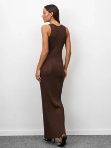 Detail view of the deep brown ribbed knit long dress featuring a sleek V-back design