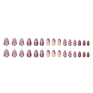 30pcs purple French glitter press-on nails with Christmas bows and swirl stripes