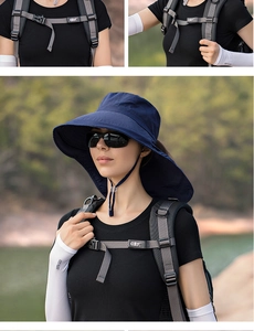 Detail of navy blue wide brim sun hat with long neck flap and adjustable drawcord