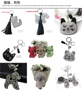 Detailed views of rhinestone dog and cat keychains with leather tassels and sizes