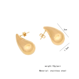 Macro view of geometric gold teardrop earrings with dimensions in stainless steel