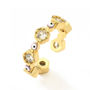 Anello aperto malocchio placcato oro con maglie esagonali e zirconi cubici trasparenti