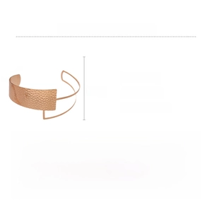Detailed view of wide rose gold cuff necklace with hammered iron texture and dimensions