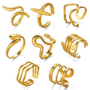 Irregular 18K gold plated stainless steel wave rings in 8 minimalist hip hop designs