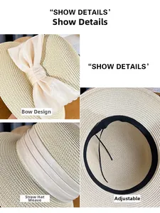 Detail showing adjustable inner strap and fine straw weave of the sun hat with silk bow
