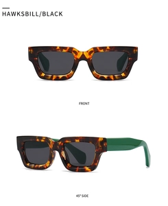 Detail view of irregular polygon sunglasses with hawksbill frames and green temples