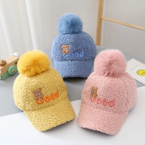 Kids Baseball Cap Teddy Fleece Warm Winter Hat Pom Pom Bear Embroidery Good Lettering Unisex Children Sunshade