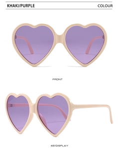 Front and 45-degree side views of khaki heart-shaped sunglasses with purple lenses