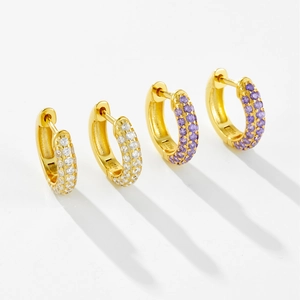 925 silver hoop earrings in gold with triple row white and purple zircon stones