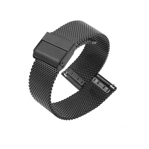Macro view of black Milanese mesh watch strap in stainless steel with folding clasp