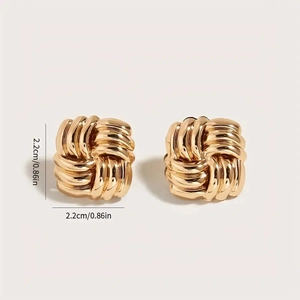 Vintage golden square woven knot stud earrings with textured crisscross design