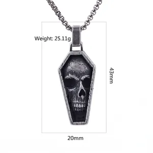 Gothic skull coffin pendant in vintage silver alloy with measurements 43mm by 20mm