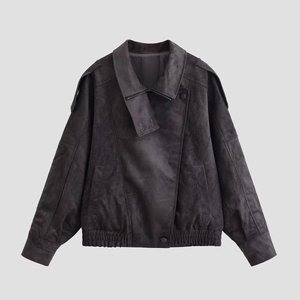 Veste Moto En Daim Synthétique Pour Femme Manches Longues Revers Fermeture Éclair Streetwear Coupe Ample Épaulette Manteau