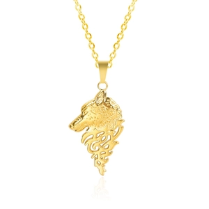Detail of 18k gold plated hollow wolf head pendant with intricate geometric pattern