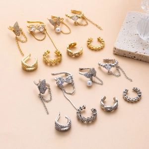 Fashion butterfly ear cuffs set with cubic zirconia and long tassels for women