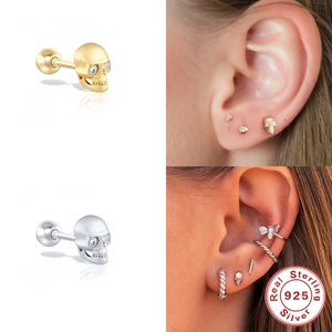 S925 sterling silver skull stud earring with sparkling zircon eyes and screw back closure